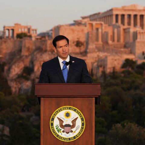 U.S. Secretary of State Marco Rubio speaks at the Pnyx hill, where ancient Athenians held democratic assemblies, with the ancient Parthenon temple atop the Acropolis seen in the background, in Athens on October 7, 2026. (Photo by Mark Schiefelbein / POOL / AFP via Getty Images)
