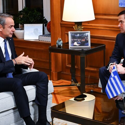 US Secretary of State Marco Rubio (R) meets with Greek Prime Minister Kyriakos Mitsotakis (L) during a visit on Oct. 7, 2026, in Athens, Greece. 