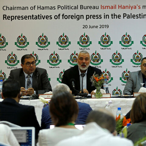 Hamas Chief Ismail Haniyeh attends a meeting with members of international media at his office in Gaza City June 20, 2019. REUTERS/Mohammed Salem - RC1BD07EC530