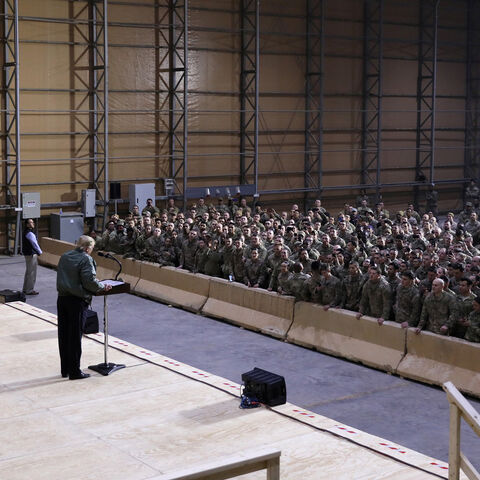 U.S. President Donald Trump delivers remarks to U.S. troops in an unannounced visit to Al Asad Air Base, Iraq December 26, 2018. REUTERS/Jonathan Ernst - RC1801320710