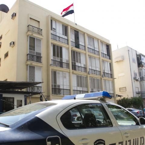 A Israeli police car is park in front of the Egyptian Embassy in the city of Tel Aviv on September 11, 2011, two days after Egyptian demonstrators went on the rampage in Cairo, breaking into the Israeli embassy and forcing the personnel to be evacuated. The trouble followed several weeks of protests outside the Israeli embassy in Cairo after 5 Egyptian border police were shot dead last month by the Israeli military during a search operation for militants who shot at an Israeli bus in Israel, close to their 