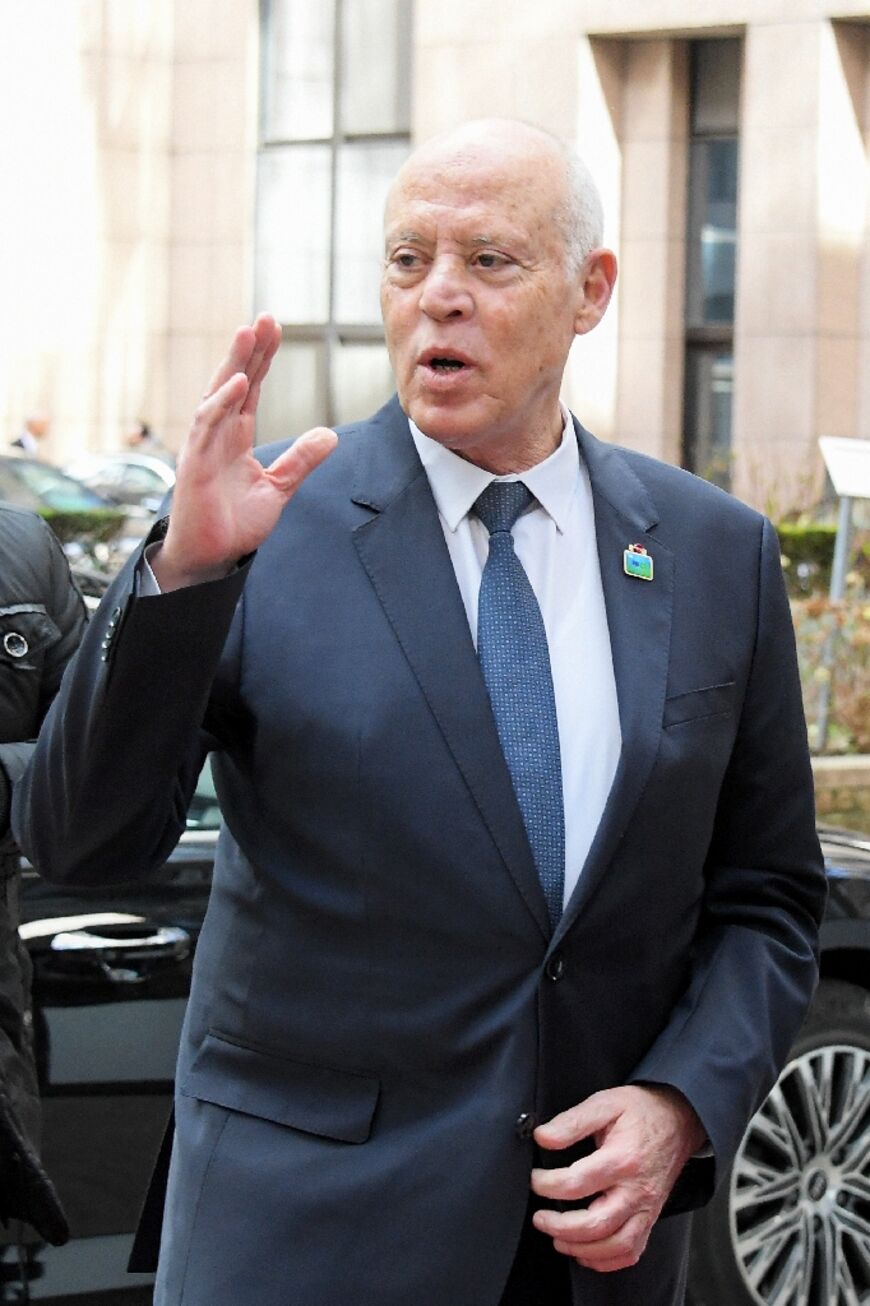 Tunisia's President Kais Saied arrives at a European Union and African Union summit in Brussels on February 17, 2022 