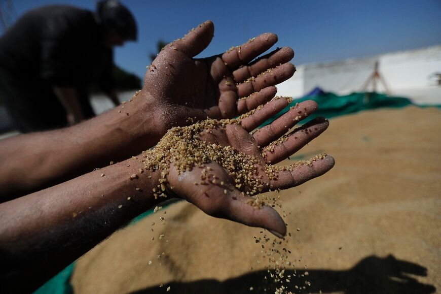 Wheat groats are milled during the preparation of bulgur in the Lebanese town of Marjayoun