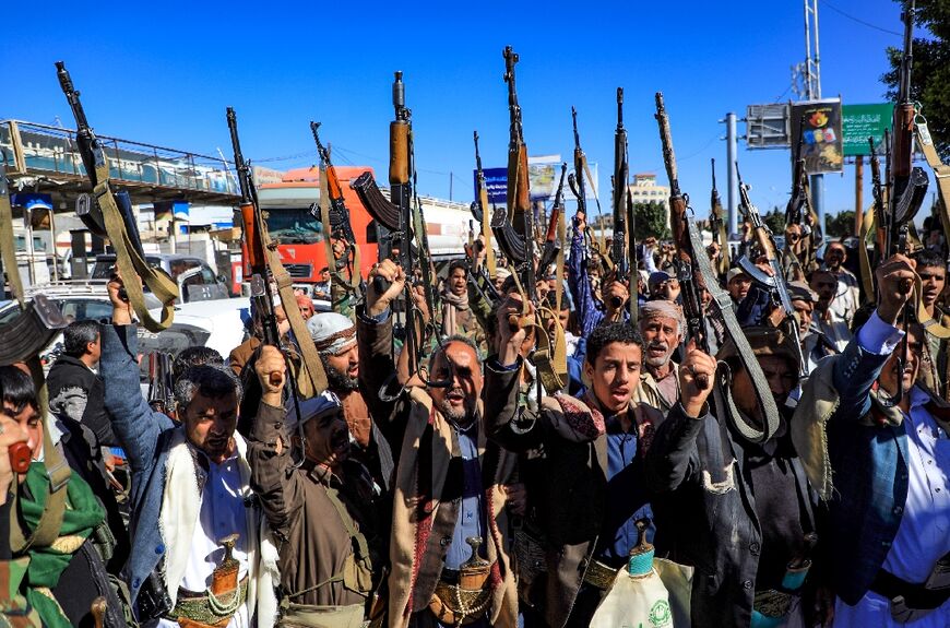 Yemeni supporters of Huthis rally in the rebel-held capital Sanaa on January 27; on Monday, the UN Security Council voted to extend an arms embargo to all members