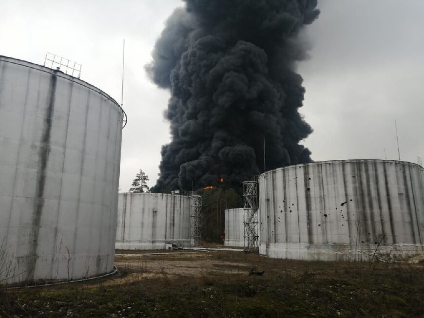 Picture released by Ukraine's State Emergency Service shows smoke rising from an oil depot which it said was hit by shelling, in Chernihiv on March 3, 2022