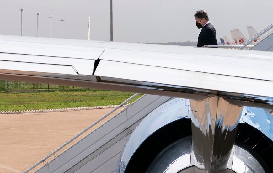 US Secretary of State Antony Blinken is greeted on arrival on March 30, 2022, in Algiers