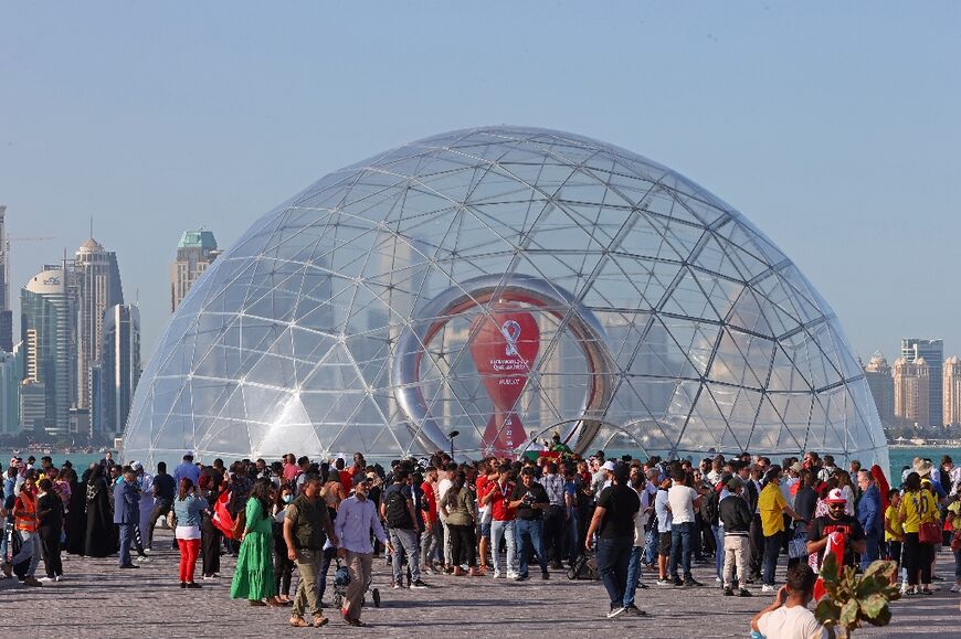 The countdown clock for the 2022 World Cup at the seafront in Doha