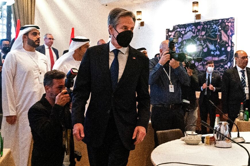 US Secretary of State Antony Blinken arrives for a roundtable during the Negev summit in the Israeli kibbutz of Sde Boker on March 28, 2022