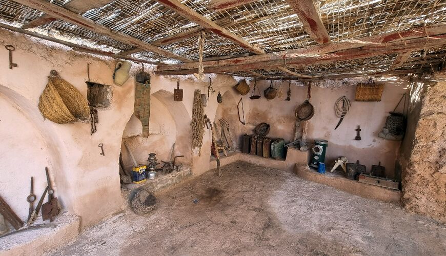 External yard of a 'damous'" dwelling carved into Libya's arid Nafusa mountains
