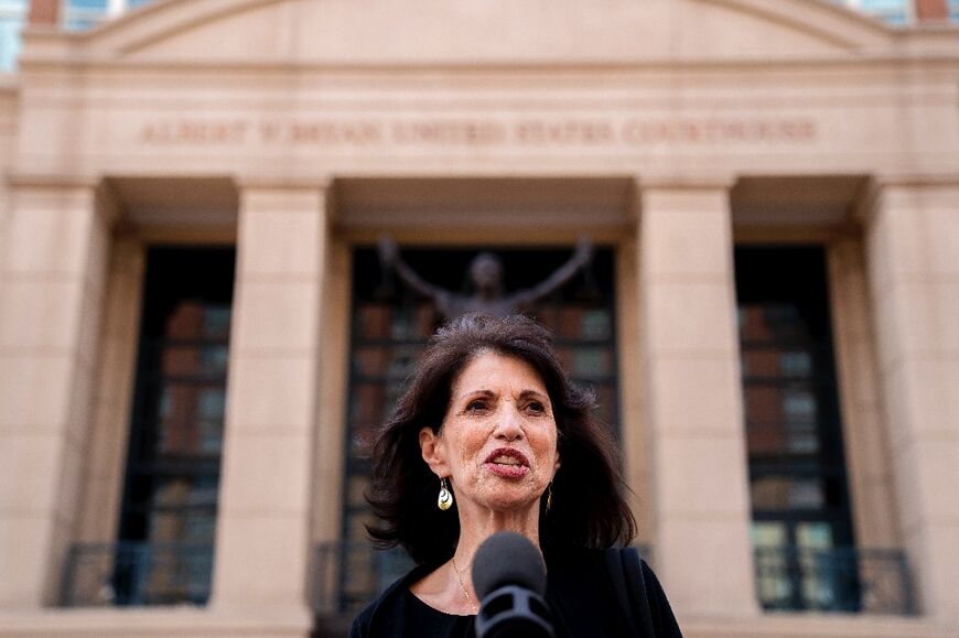 Diane Foley, the mother of slain American journalist James Foley, speaks to reporters following the conviction of Islamic State 'Beatle" El Shafee Elsheikh