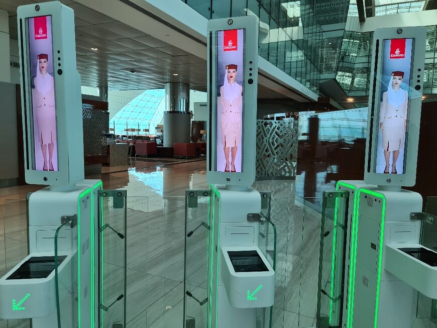 Fast-track gates that use face and iris recognition technologies at Dubai international airport, seen here soon after their installation in March 2021