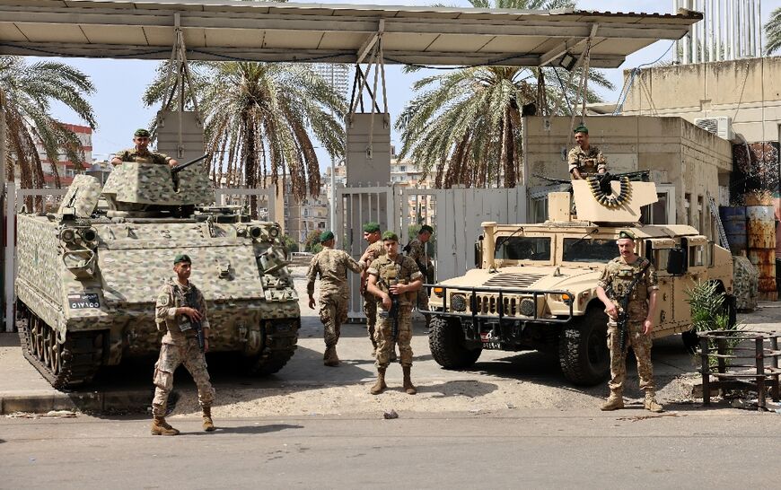 Lebanese army soldiers patrol during the parliamentary election in the capital Beirut