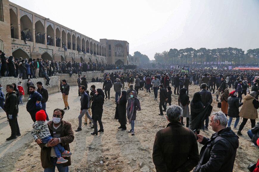 Iranians voice their anger after their province's lifeblood river dried up due to drought and water diversions, in the central city of Isfahan, on November 19, 2021