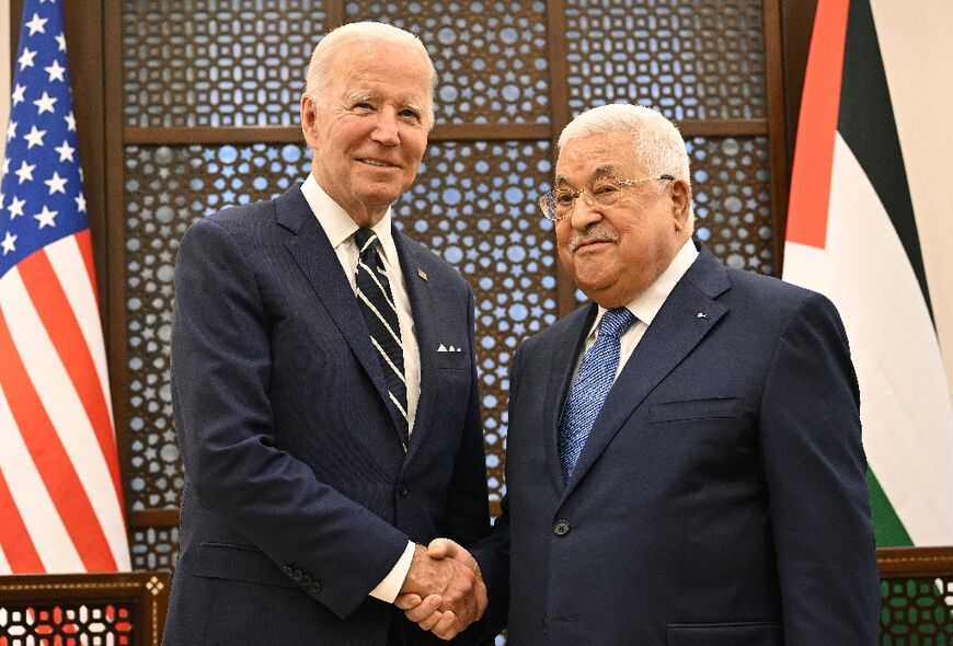 Biden is received by Palestinian president Mahmud Abbas at the Palestinian Muqataa Presidential Compound in the city of Bethlehem in the occupied West Bank