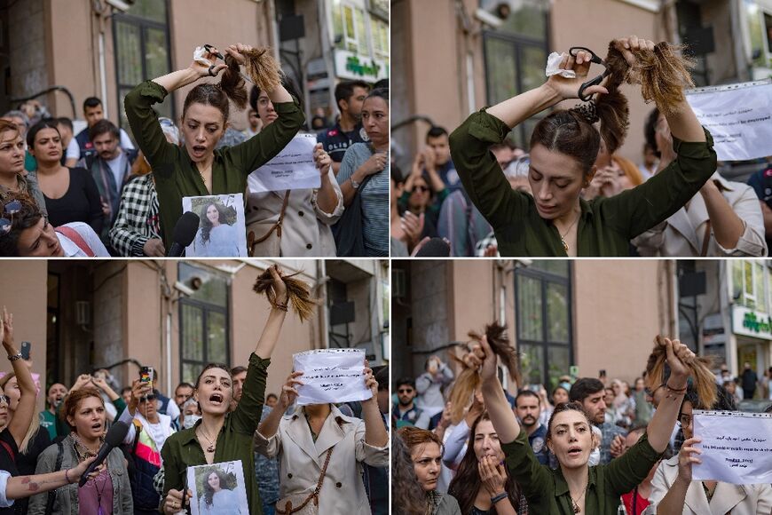 Women inside and outside Iran, such as at this demo in Istanbul, have cut their hair in protest