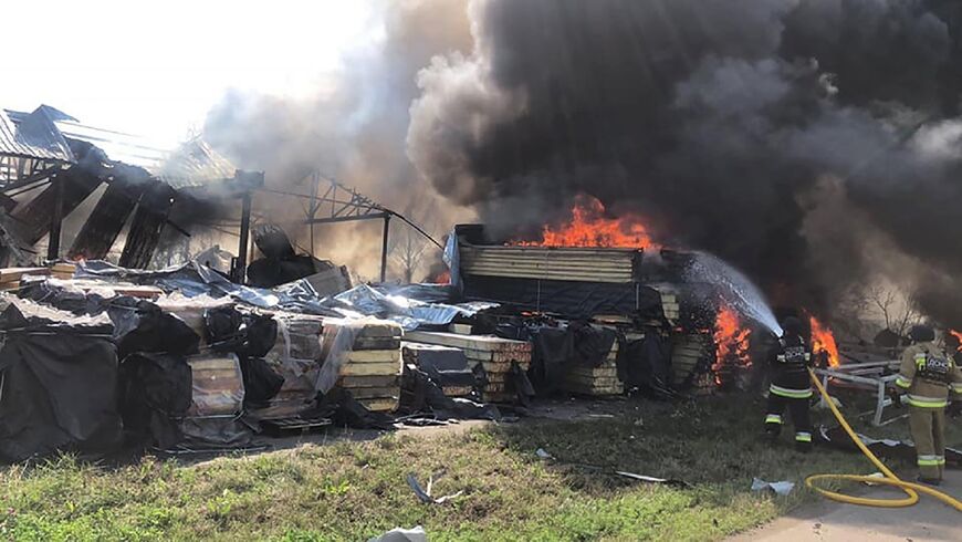 A picture by the Ukrainian Emergency Service on August 8, 2022 shows a fire after a missile was shot down and hit civilian infrastucture in Uman district, Cherkasy region, amid Russia's invasion 