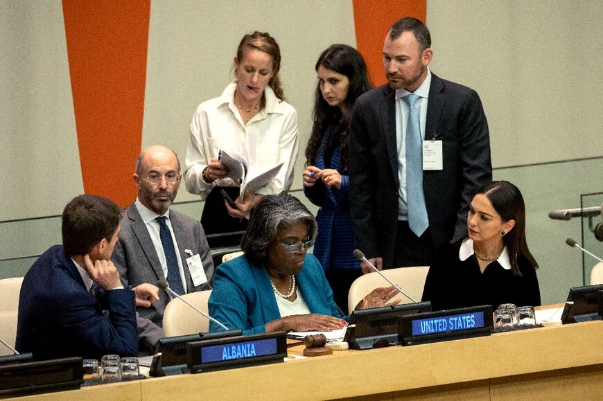 (L-R)Ferit Hoxha, Permanent Representative for Albania, US Ambassador Linda Thomas-Greenfield, and Iranian-born British actress and activist Nazanin Boniadi attend an arria-formula meeting regarding the protests in Iran, at the United Nations headquarters in New York City on November 2, 2022