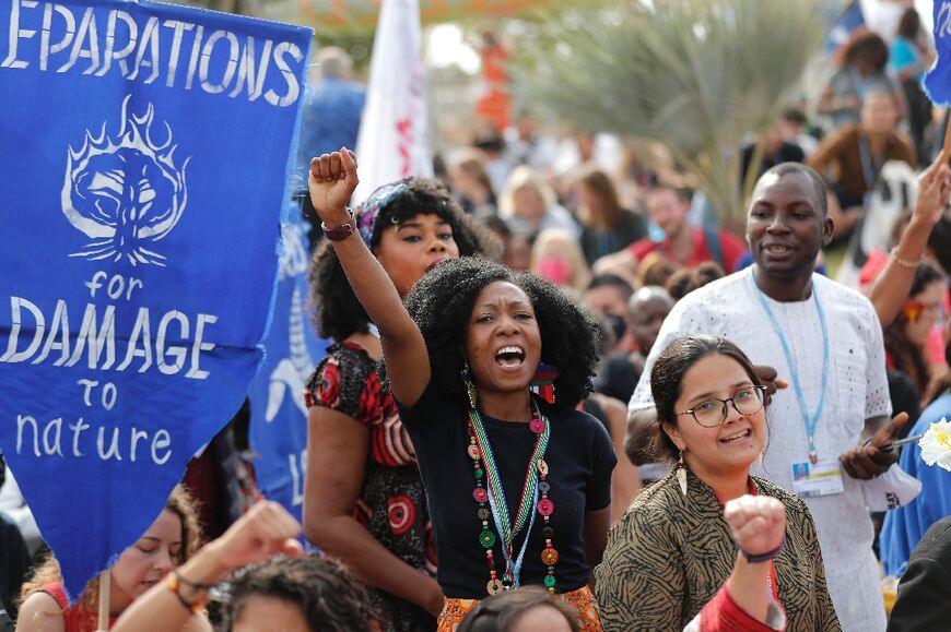 Climate activists protest outside the COP27 in Egypt on November 17, 2022