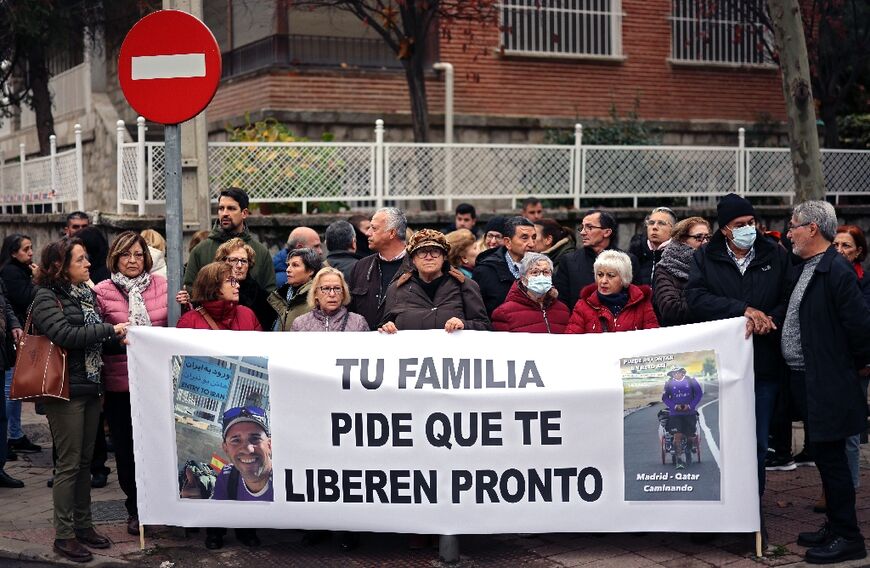 Supporters of a Spanish national arrested in Iran called for his release at a rally outside Tehran's Madrid embassy Sunday