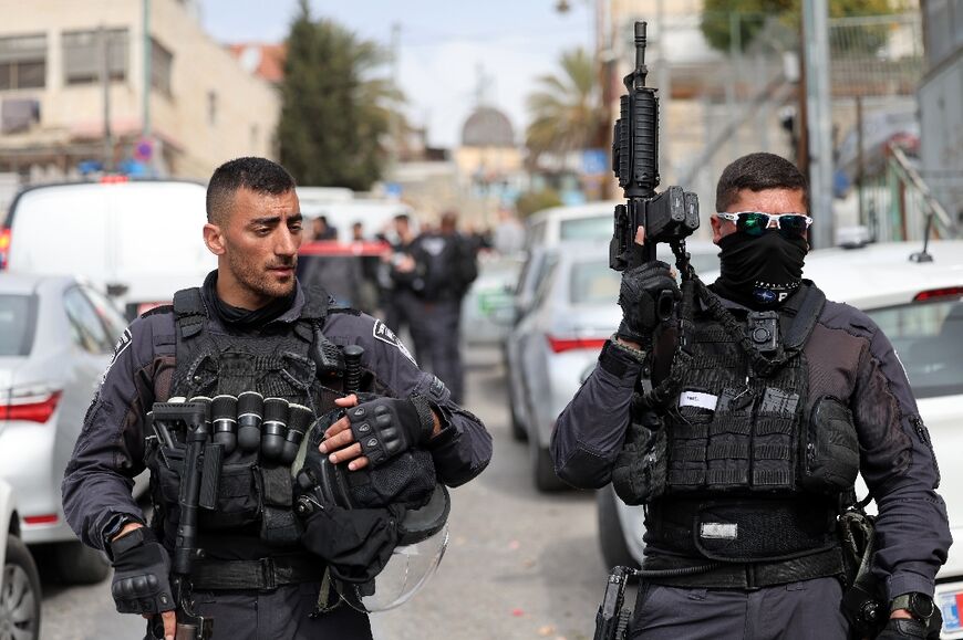 Israeli security forces in Jerusalem's predominantly Arab neighbourhood of Silwan, where an assailant shot and wounded two people, on January 28, 2023