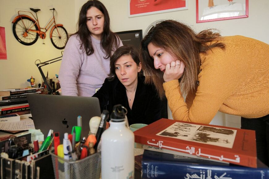 Director Darin J. Sallam (C) and producers Deema Azar (L) and Ayah Jardaneh (R), who worked together on the film "Farha", in Jordan's capital Amman