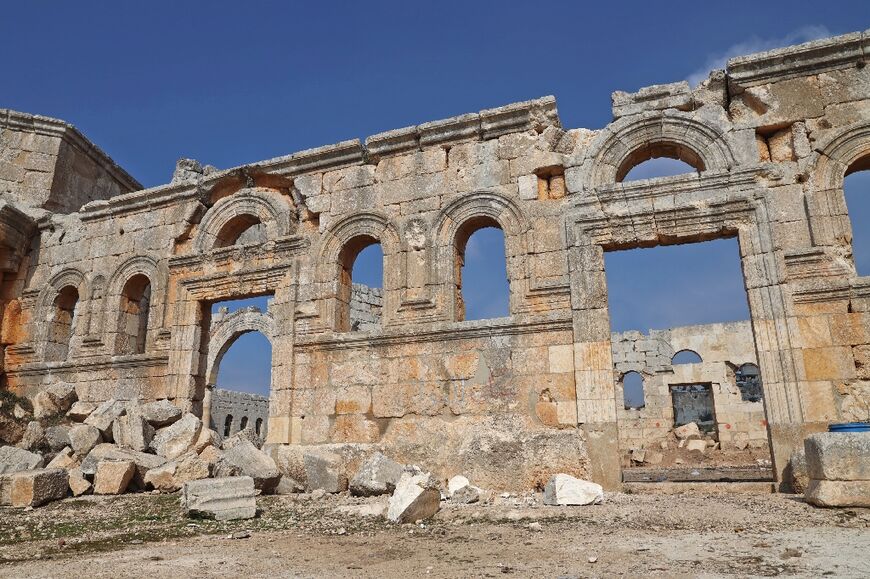 Damaged sections at the Cathedral of Saint Simeon Stylite, known as Qalaat Semaan or Deir Semaan in Syria's Aleppo province, seen on February 19, 2023