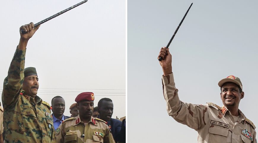 This file picture composite shows General Abdel Fattah al-Burhan (L), in Khartoum's twin city of Omdurman on June 29, 2019 and Sudanese paramilitary commander Mohamed Hamdan Daglo in Khartoum on June 18, 2019