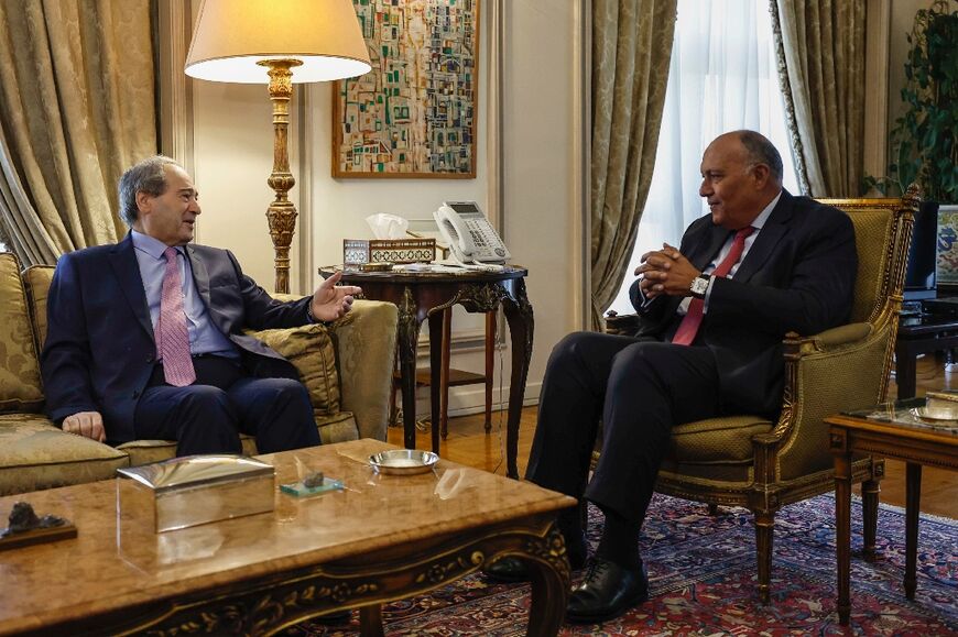 Egyptian Foreign Minister Sameh Shoukry meets with his Syrian counterpart Faisal Mekdad at the ministry headquarters in Cairo