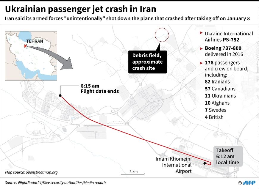 Map and details of the path of Ukrainian International Airlines flight PS-752 which crashed shortly after takeoff from Tehran on January 8.