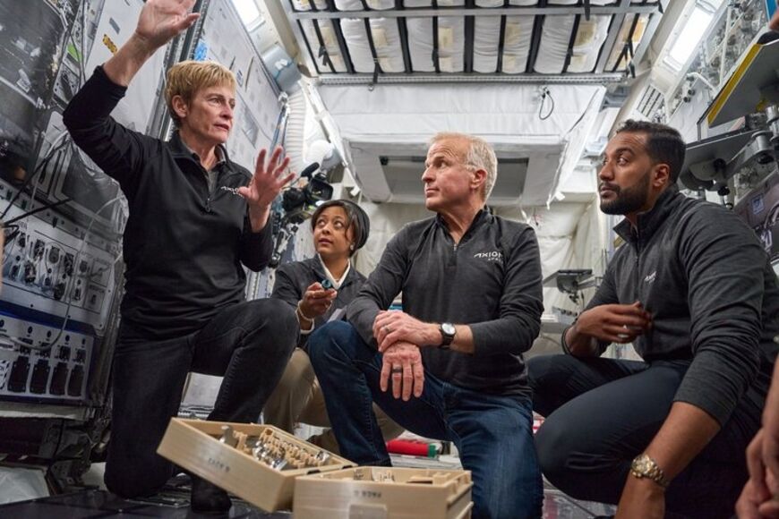 Ax-2 crew members Peggy Whitson (far left), Rayyanah Barnawi, John Shoffner and Ali Al-Qarni took part in training ahead of their expected journey to the International Space Station