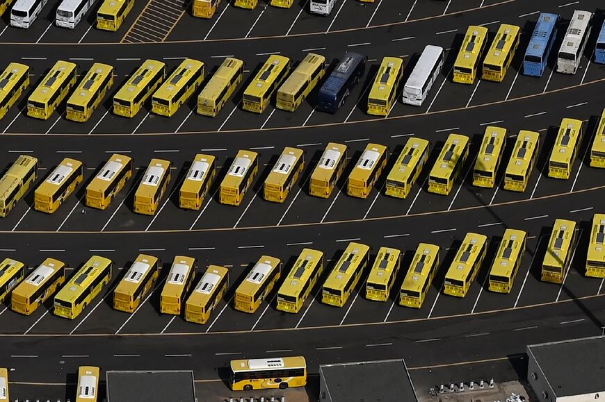 This aerial view of rows of buses in Islam's holy city of Mecca