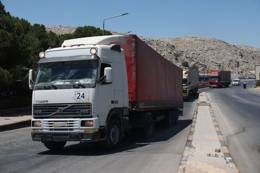 A convoy of humanitarian aid arrives in Syria after entering Syria through the Bab al-Hawa border crossing