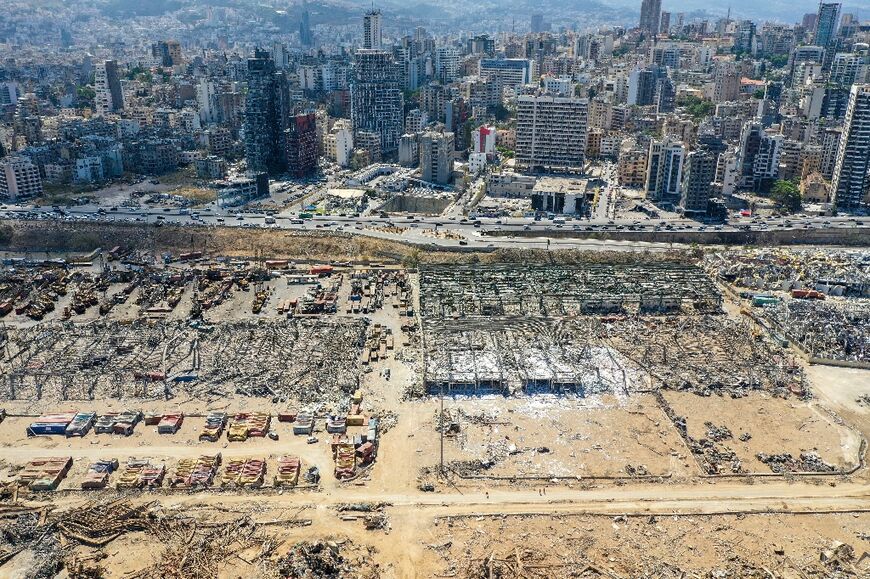 An aerial view taken on August 9, 2020 of the port of Beirut