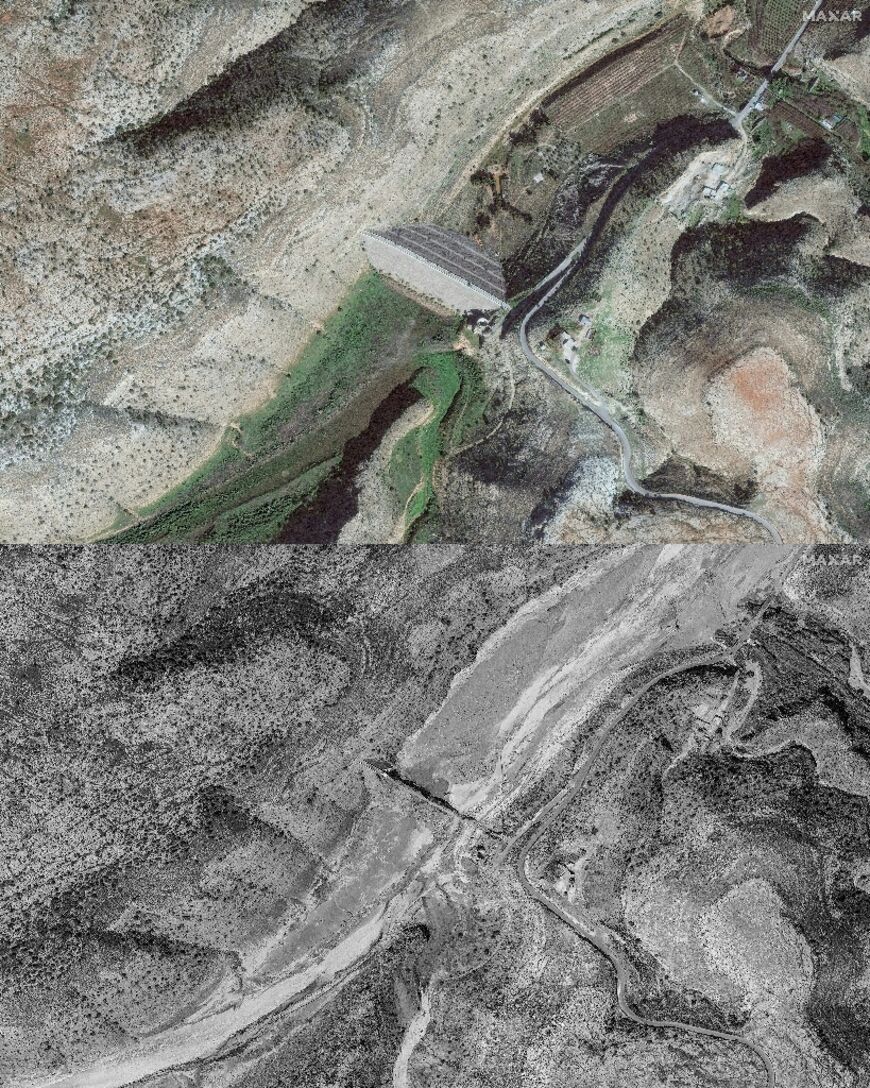 The upper dam above the city of Derna -- seen early last year in the top image, and after the floods in the picture below, in satellite photos released by Maxar Technologies 