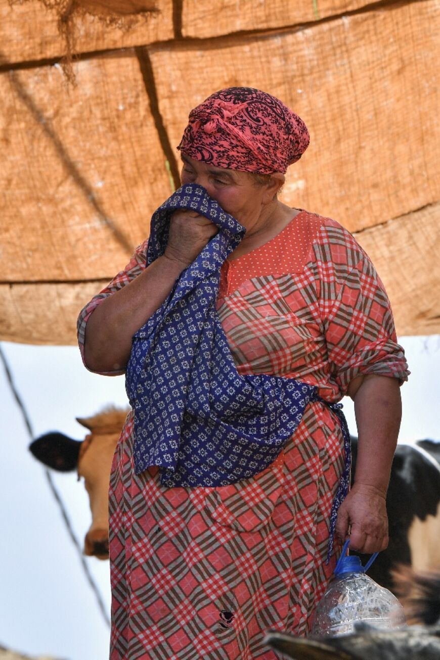 A woman cries among her animals after losing her home in the earthquake in the Afella Igir village in the Amizmiz region