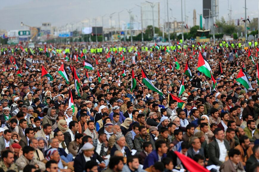 Thousands of Yemenis attended weekly Muslim prayers in the rebel-held capital Sanaa on Friday, many waving Palestinian flags in solidarity with Gaza