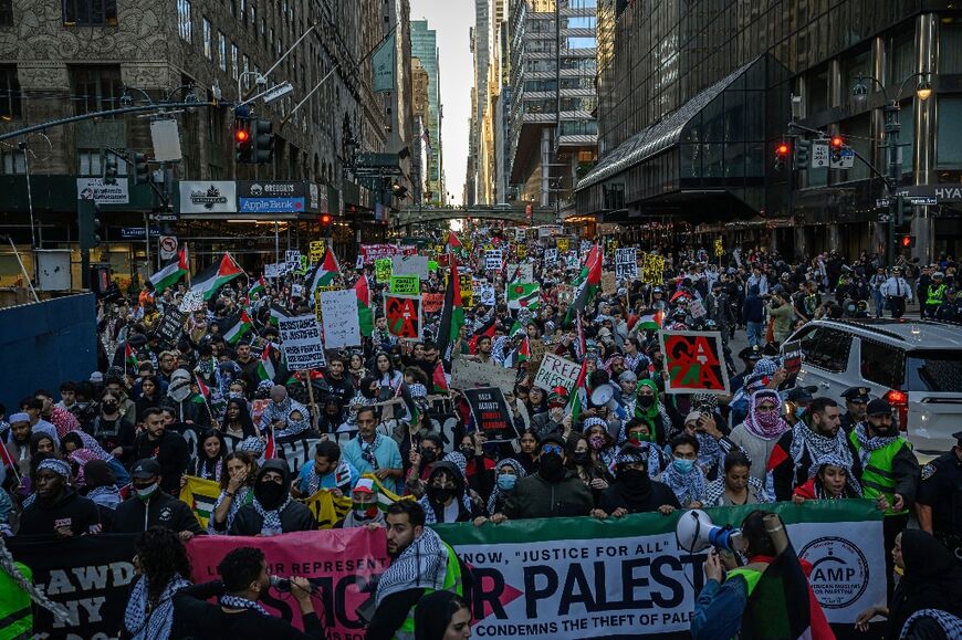 People demonstrate in support of Palestinians in New York City on October 13, 2023. Thousands of Palestinians fled to southern Gaza in search of refuge after Israel warned them to evacuate before an expected ground offensive against Hamas in retaliation for the deadliest attack in Israel's history