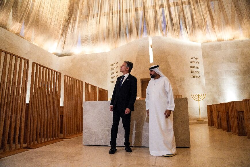 US Secretary of State Antony Blinken  tours the Moses Ben Maimon (Maimonides) Synagogue at the Abrahamic Family House in Abu Dhabi on October 14, 2023