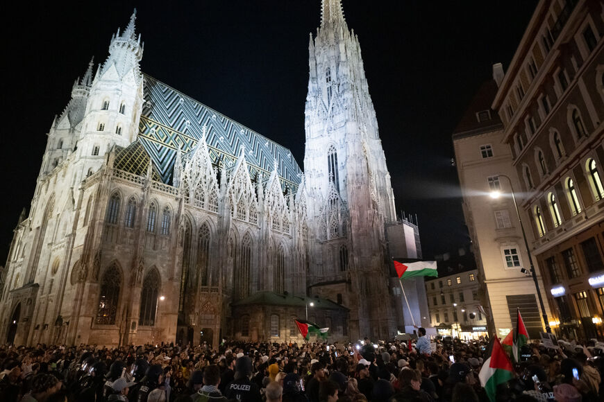 Demonstrators gather to show their solidarity with Palestine despite Austrian Police prohibiting the gathering on October 11, 2023 in Vienna, Austria. On October 7 the Palestinian militant group Hamas launched a large-scale surprise attack from Gaza, launching thousands of missiles and sending at least 1,500 fighters by land, sea and air into Israel. At least 1,200 Israelis have been confirmed killed and 150 kidnapped. 1,055 Palestinians in Gaza are also confirmed killed. The attack is prompting retaliatory