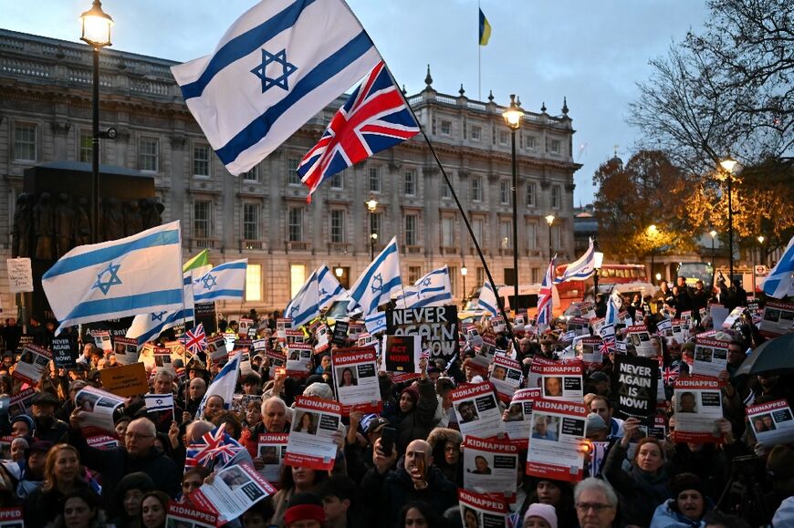 Crowds called for the release of the hostages at a demonstration in London on Sunday