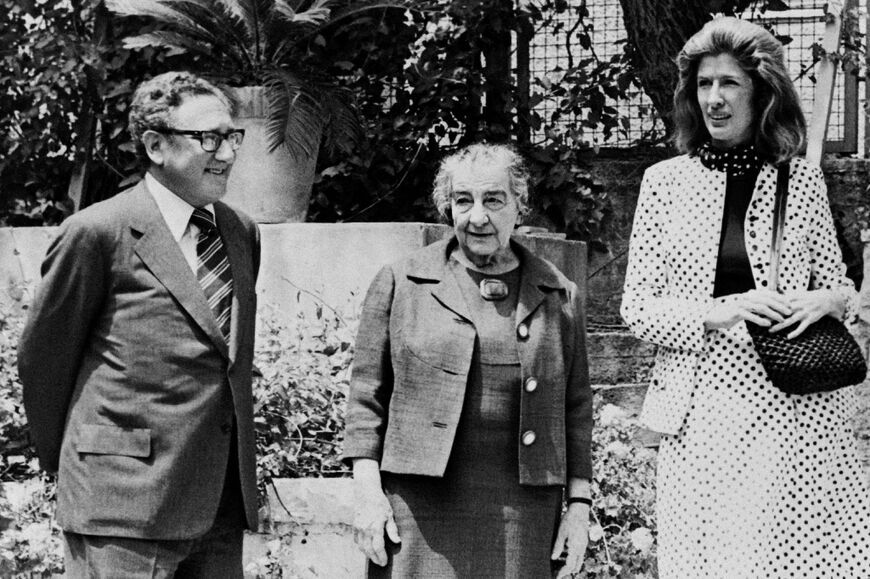 US Secretary of State Henry Kissinger and his wife Nancy meet Israeli Prime minister Golda Meir in Tel Aviv on May 2, 1974