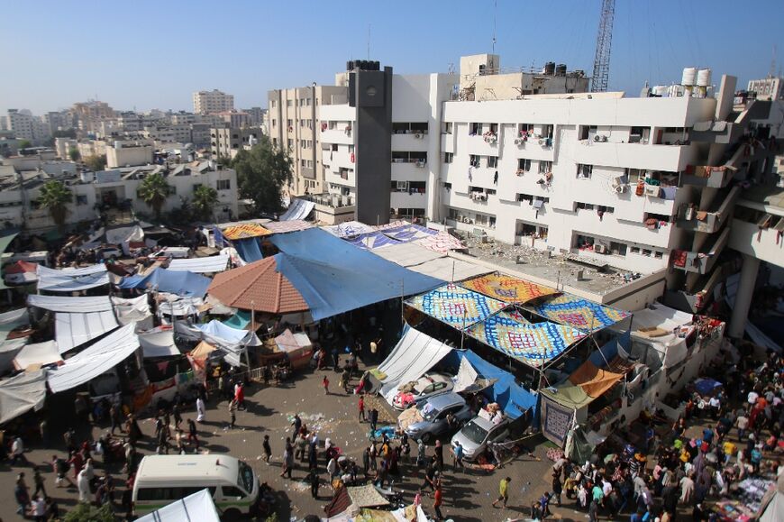 An aerial view shows the compound of Al-Shifa hospital in Gaza City on November 7, 2023