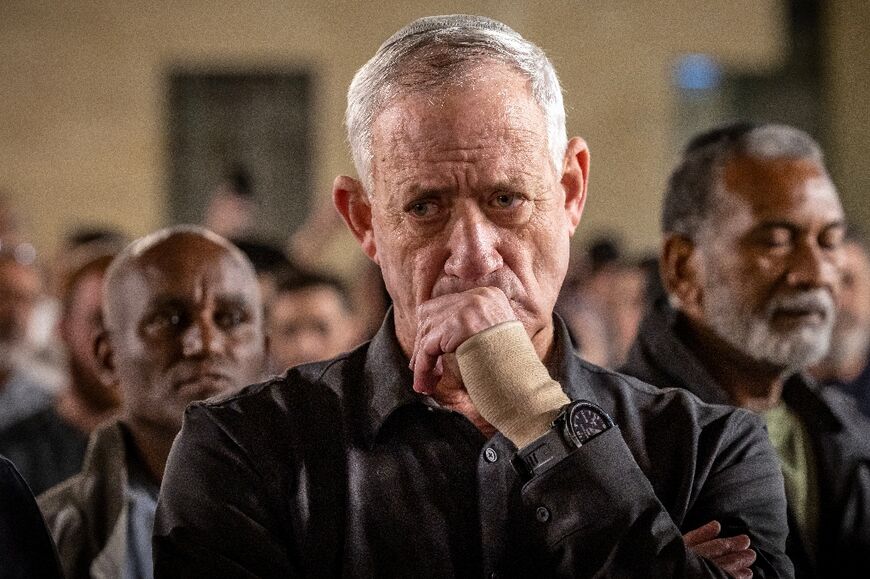 Israeli Cabinet Minister Benny Gantz attends a memorial for the 1,400 victims killed during the October 7 attack by Palestinian militants from the Gaza Strip 