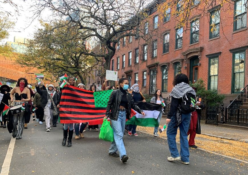 Demonstrators march during the "Palestine to Africa - Palestinian Liberation is Black Liberation" protest in New York on November 5, 2023