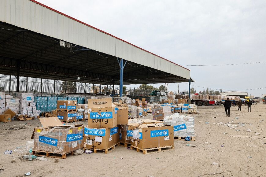 Boxes containing humanitarian aid at the Kerem Shalom crossing 