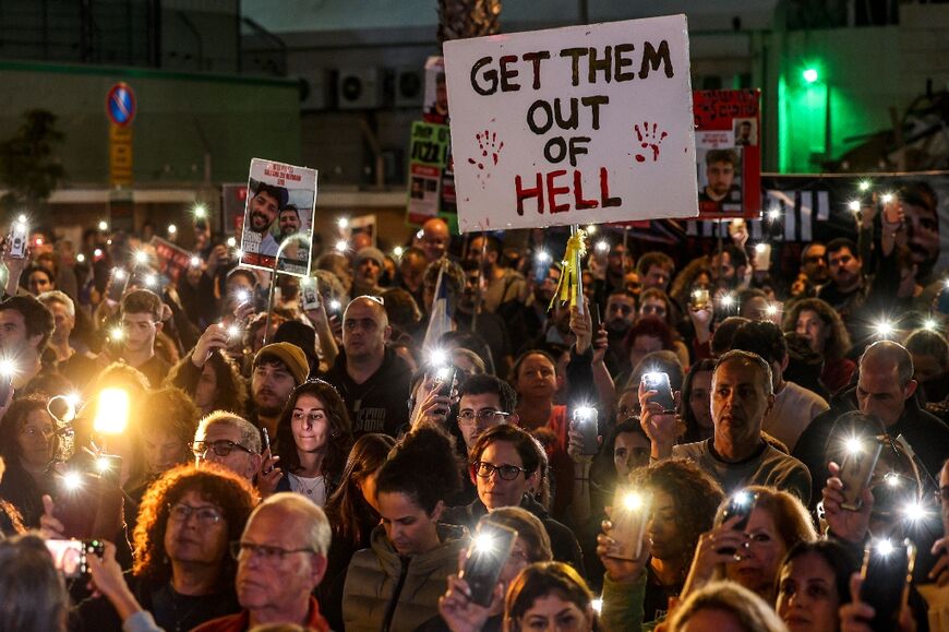 Hostages' families and friends rally for their release from captivity ine the Gaza Strip, in Tel Aviv on December 30, 2023