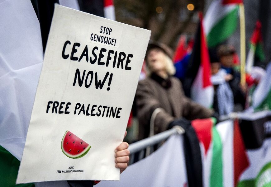 Protesters outside the International Court of Justice in The Hague 