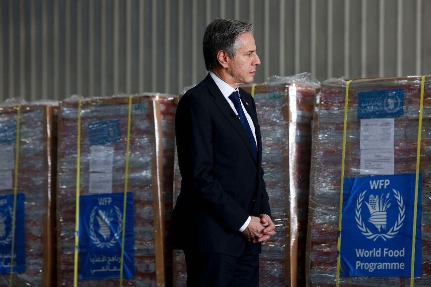 US Secretary of State Antony Blinken visits a World Food Programme warehouse in Amman on January 7, 2024