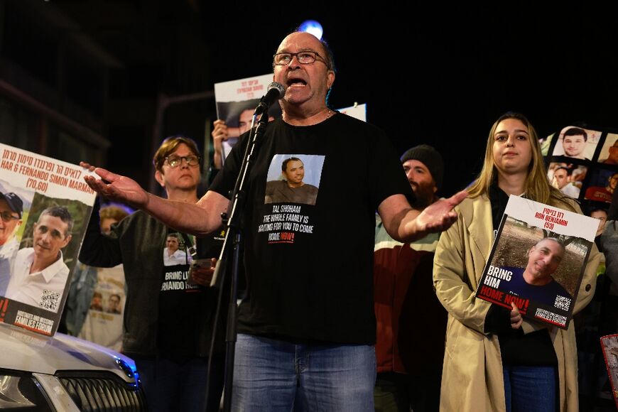 Near the residence of Prime Minister Benjamin Netanyahu, a relative speaks during a rally organised by family and supporters of Israeli hostages held in Gaza 