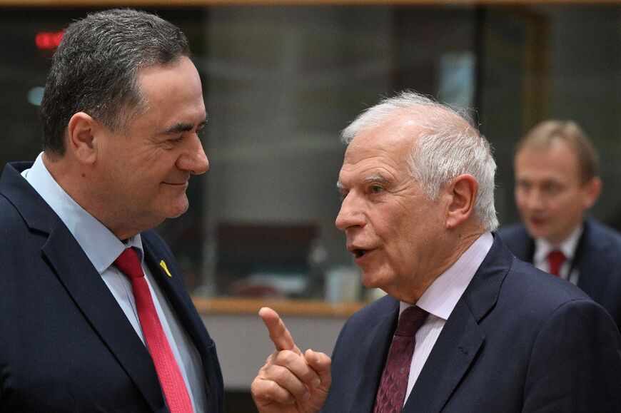 The 27 EU ministers met first with Israel's foreign minister Israel Katz (left) seen talking to EU foreign policy chief Josep Borrell